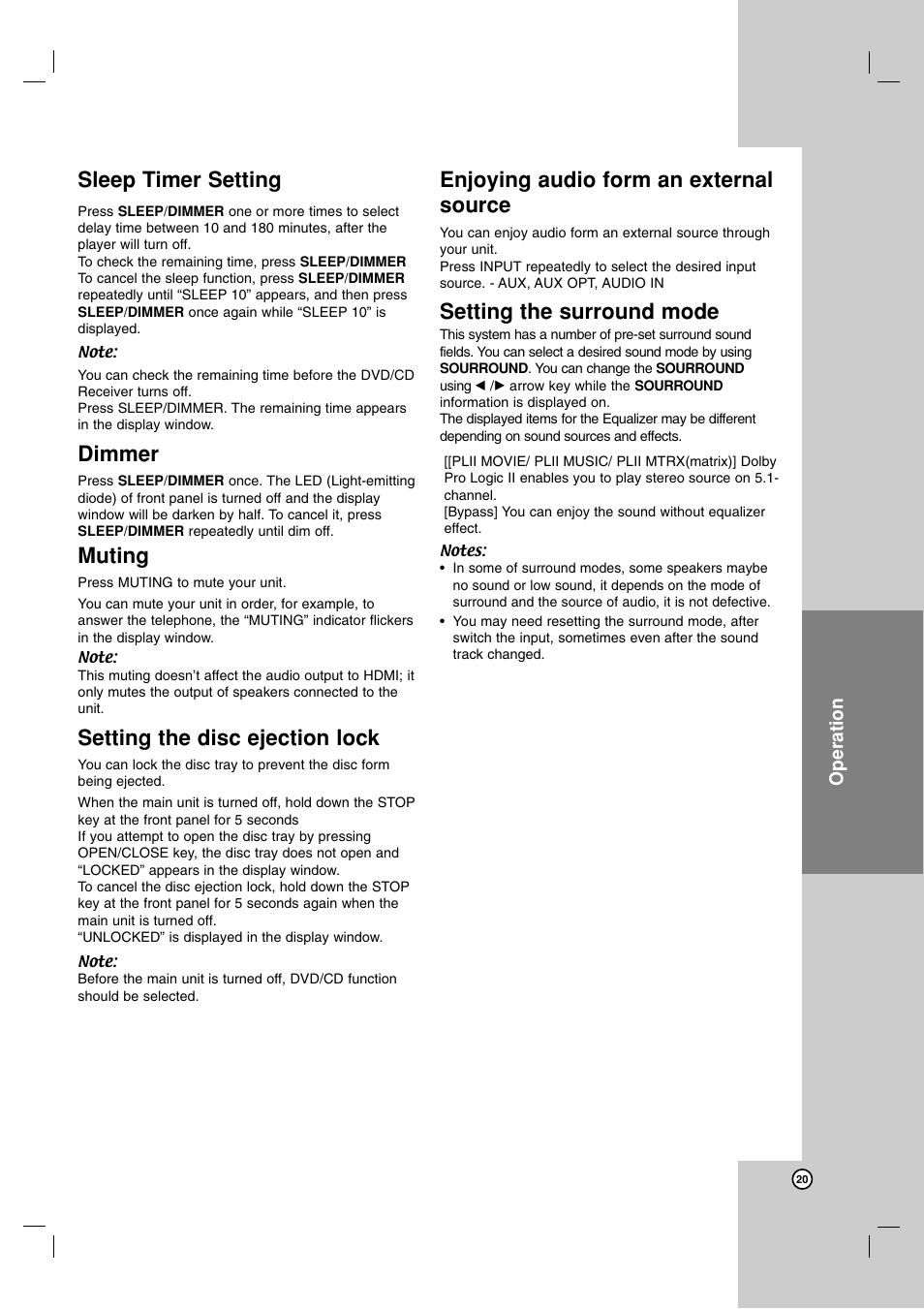 Sleep timer setting, Dimmer, Muting | Setting the disc ejection lock, Enjoying audio form an external source, Setting the surround mode | JVC LVT2051-002A User Manual | Page 23 / 28