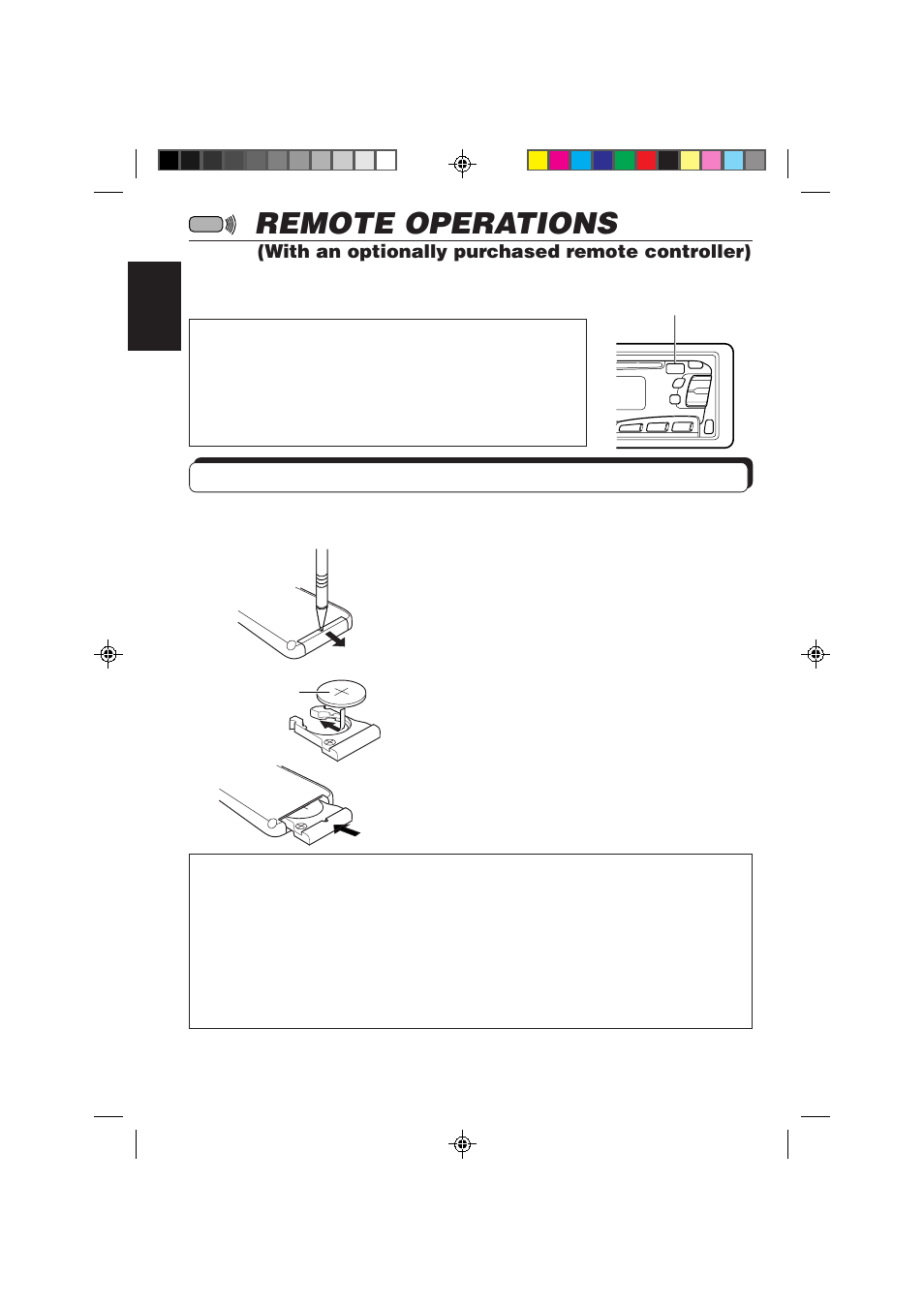 Remote operations, Installing the battery, With an optionally purchased remote controller) | JVC KD-SX878R User Manual | Page 32 / 46