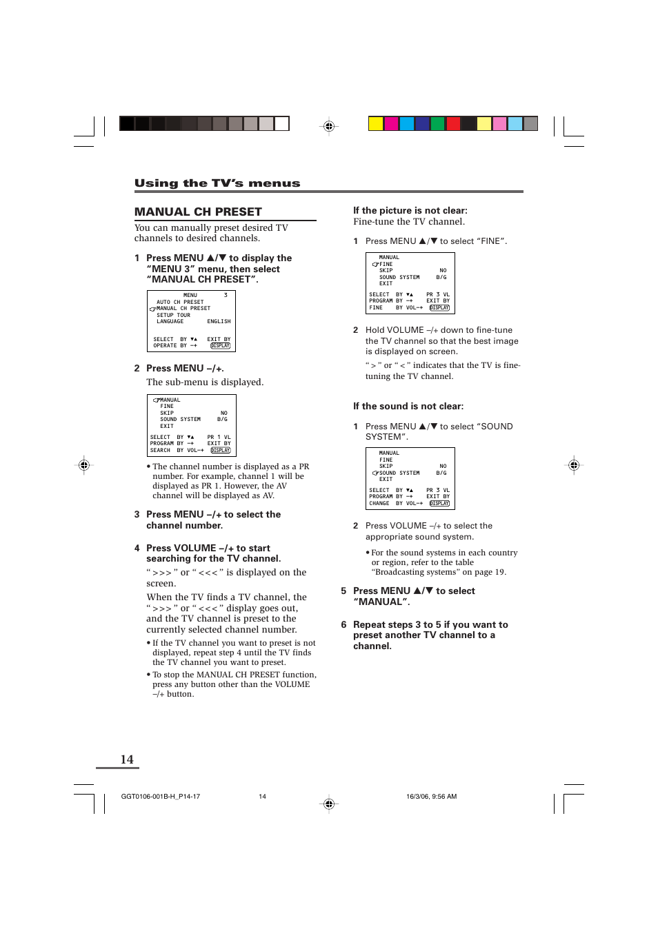 Manual ch preset | JVC AV-14F16 User Manual | Page 14 / 60