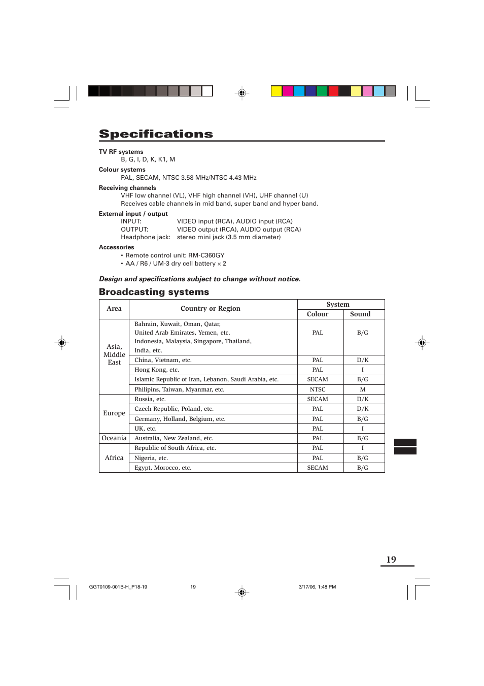 Specifications, Broadcasting systems | JVC AV-14F16 User Manual | Page 39 / 60