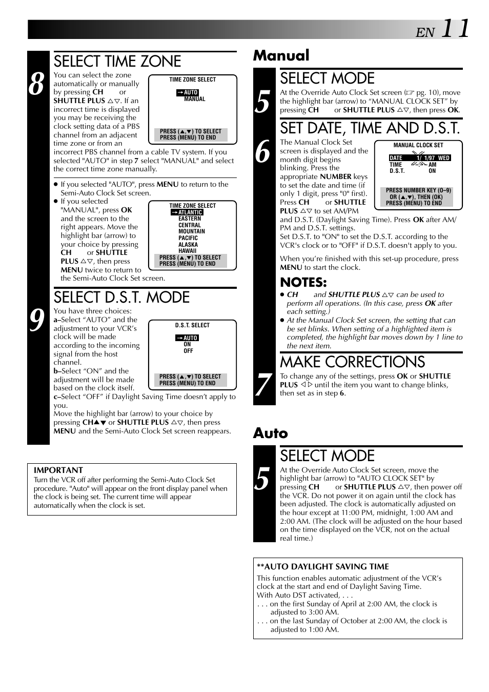 Select mode, Set date, time and d.s.t, Make corrections | Select time zone, Select d.s.t. mode, Manual, Auto | JVC HR-J443U User Manual | Page 11 / 48