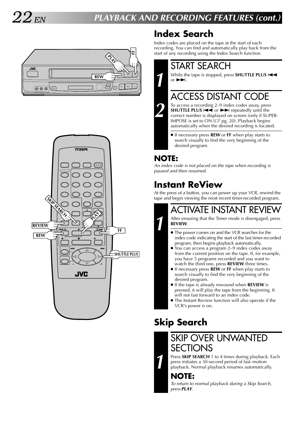 Start search, Access distant code, Activate instant review | Playback and recording features (cont.), Index search, Instant review, Skip search | JVC HR-J443U User Manual | Page 22 / 48