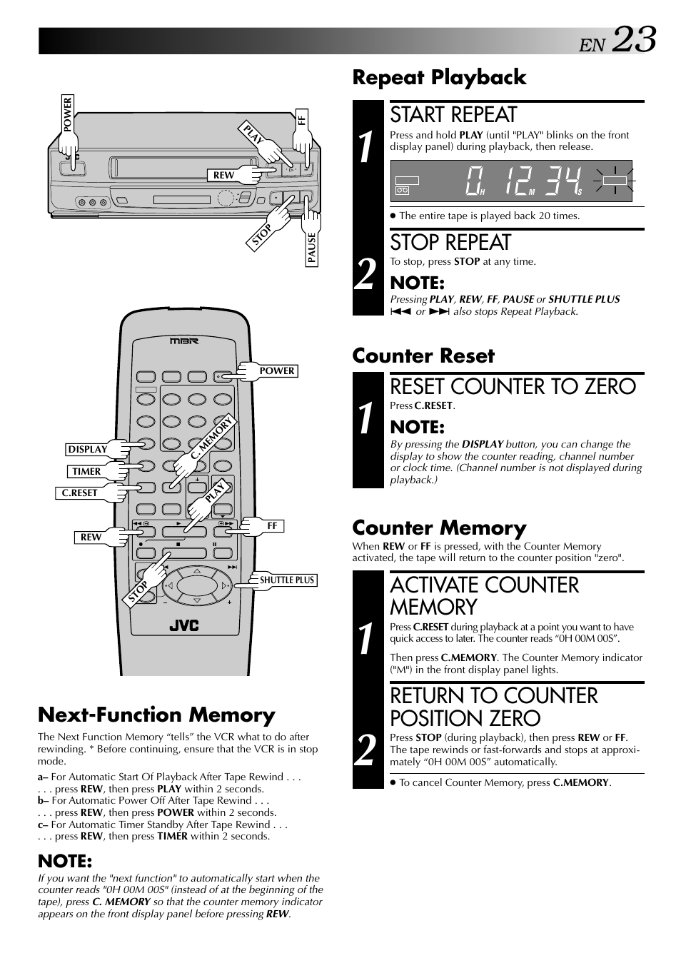 Start repeat, Stop repeat, Reset counter to zero | Return to counter position zero, Repeat playback | JVC HR-J443U User Manual | Page 23 / 48