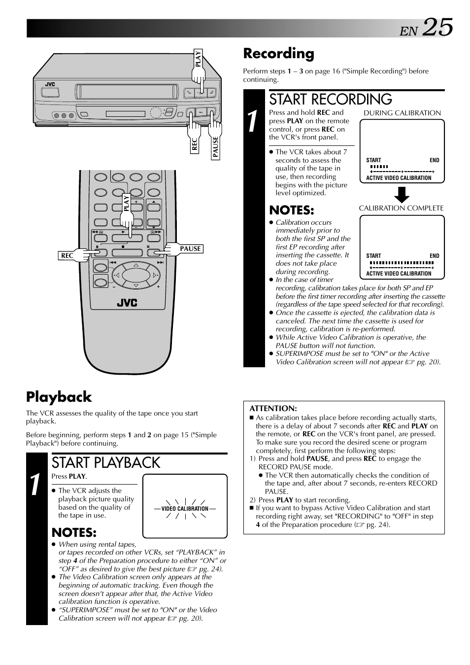 Start playback, Start recording, Recording | Playback | JVC HR-J443U User Manual | Page 25 / 48