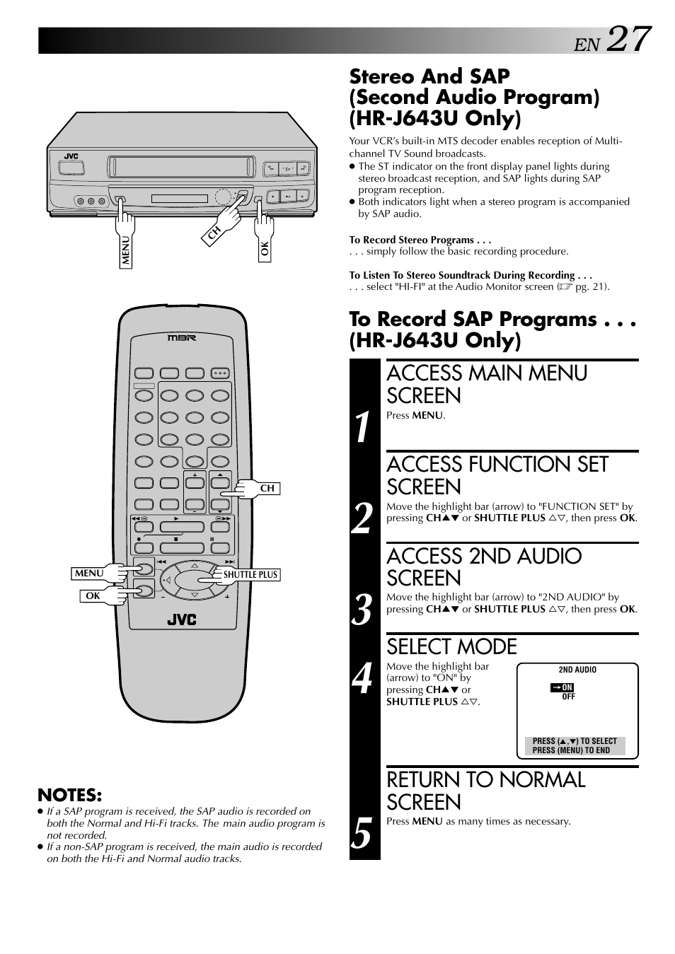 Access main menu screen, Access function set screen, Access 2nd audio screen | Select mode, Return to normal screen | JVC HR-J443U User Manual | Page 27 / 48