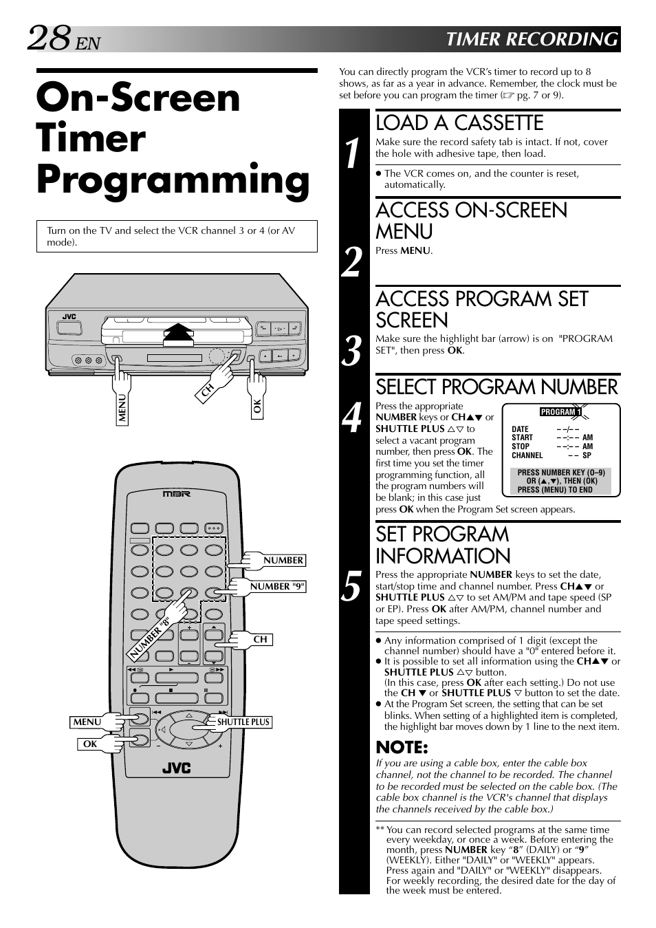 On-screen timer programming, Load a cassette, Access on-screen menu | Access program set screen, Select program number, Set program information, Timer recording | JVC HR-J443U User Manual | Page 28 / 48