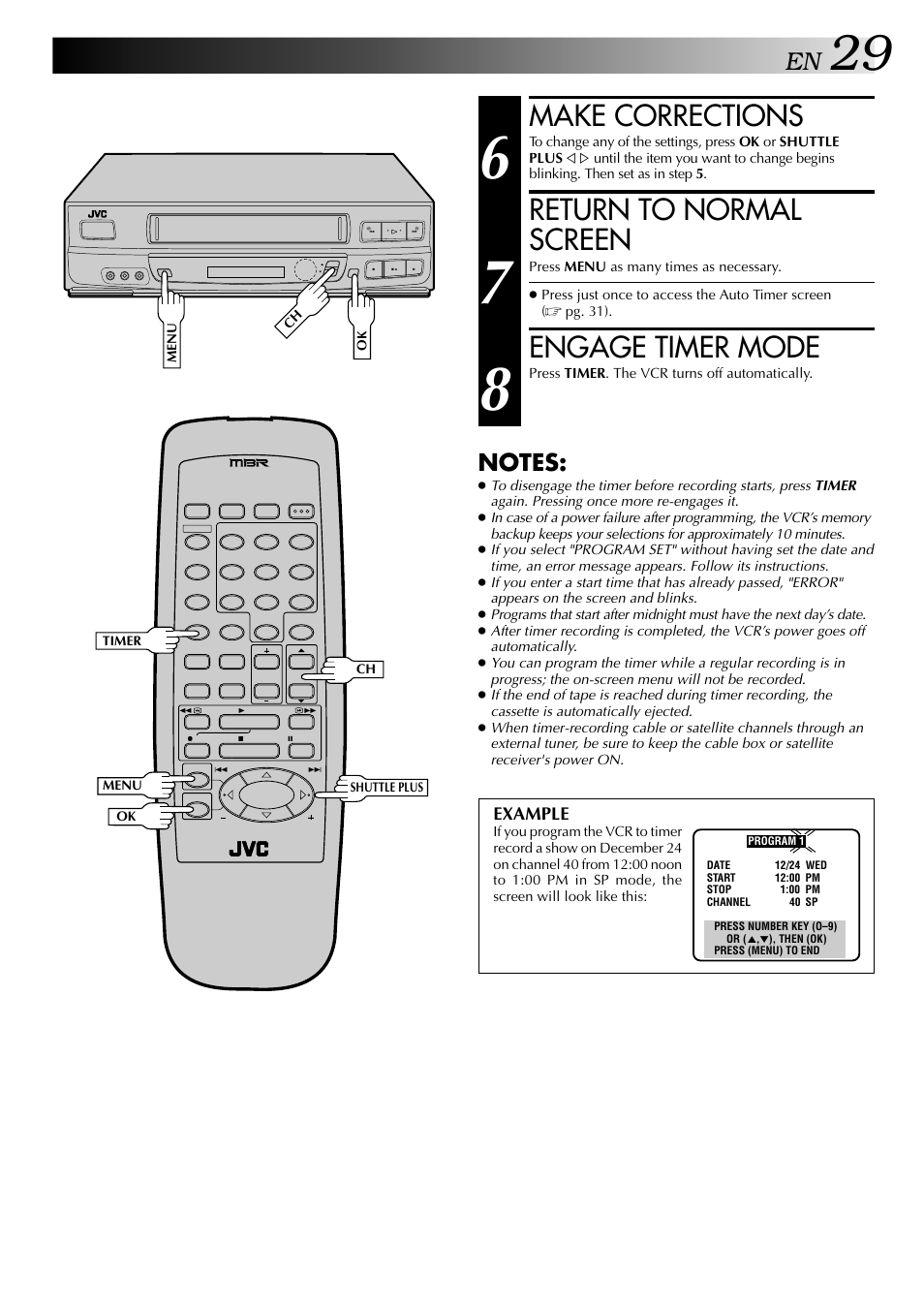 Make corrections, Return to normal screen, Engage timer mode | Example | JVC HR-J443U User Manual | Page 29 / 48