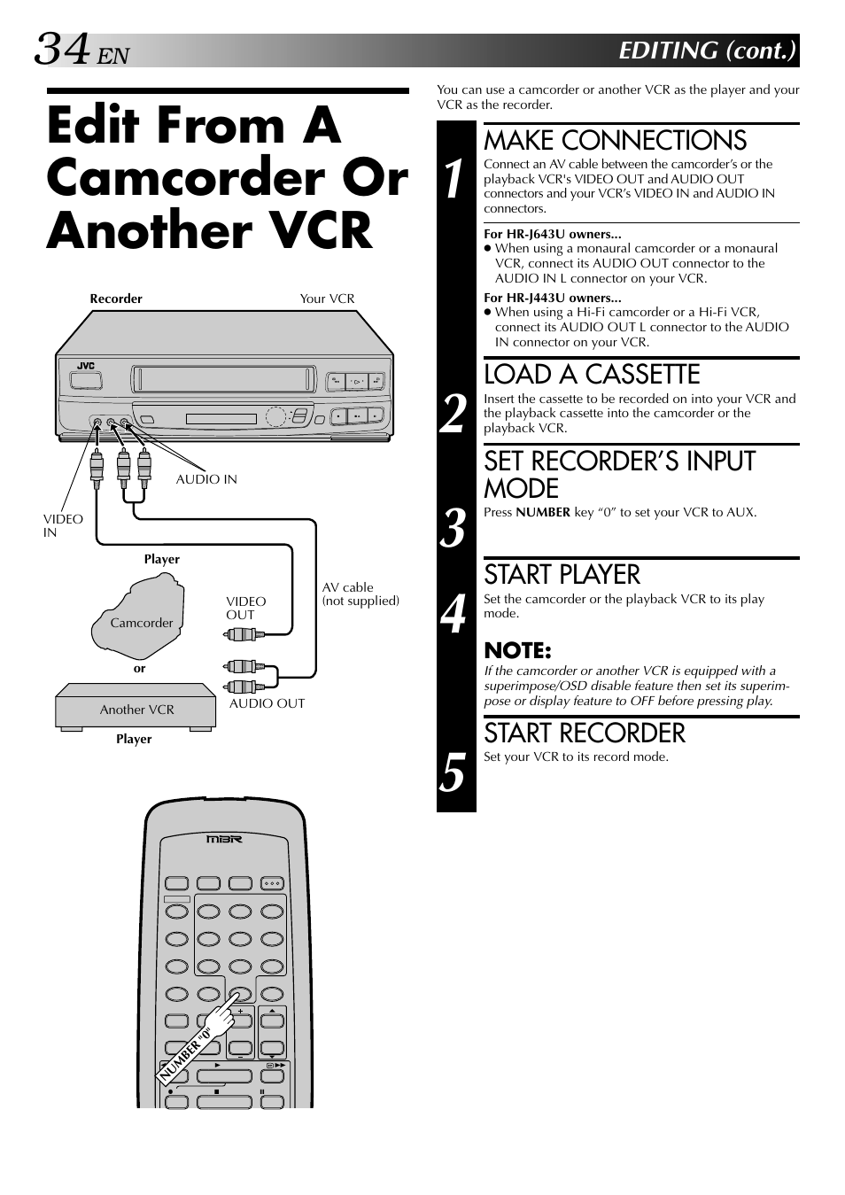 Edit from a camcorder or another vcr, Make connections, Load a cassette | Set recorder’s input mode, Start player, Start recorder, Editing (cont.) | JVC HR-J443U User Manual | Page 34 / 48