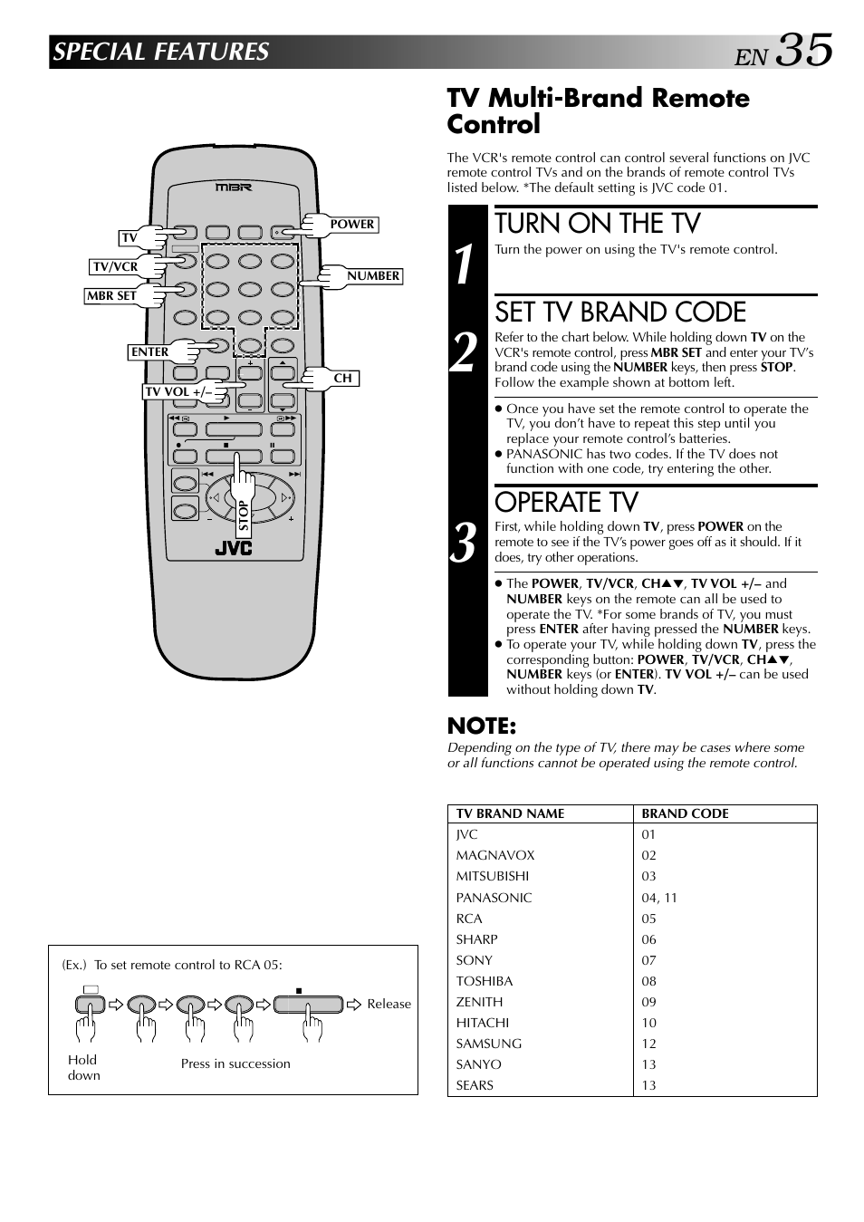 Turn on the tv, Set tv brand code, Operate tv | Special features, Tv multi-brand remote control | JVC HR-J443U User Manual | Page 35 / 48