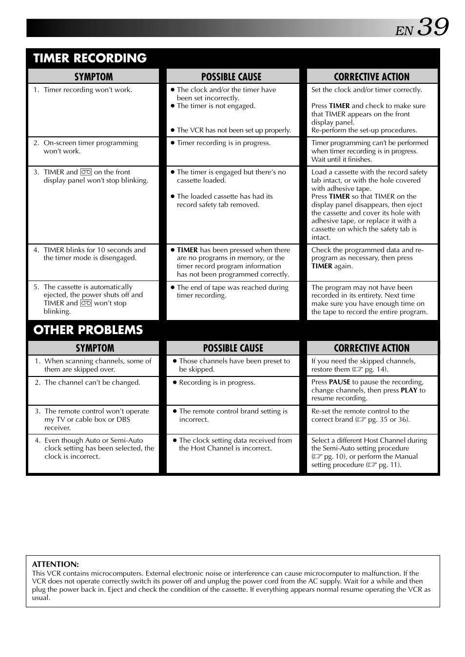 Other problems timer recording, Possible cause, Symptom | Corrective action | JVC HR-J443U User Manual | Page 39 / 48