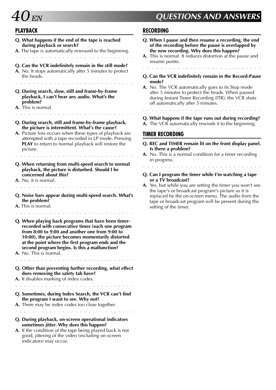 Questions and answers, Playback, Recording | Timer recording | JVC HR-J443U User Manual | Page 40 / 48
