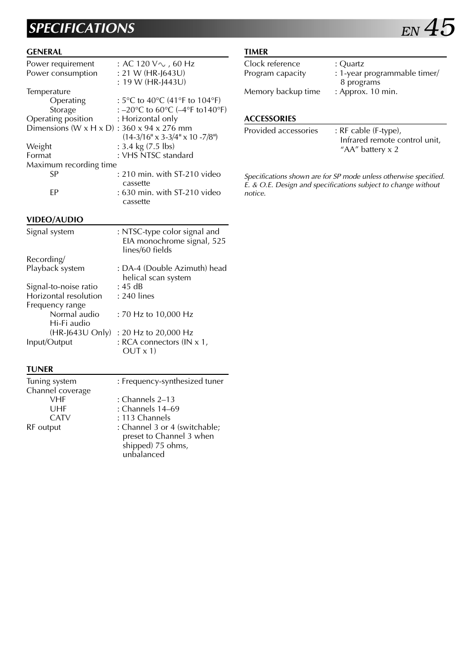 Specifications | JVC HR-J443U User Manual | Page 45 / 48