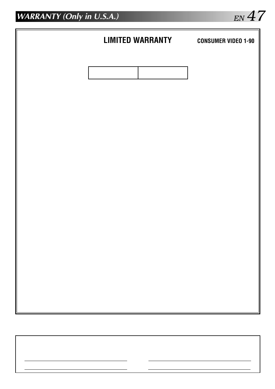 Warranty (only in u.s.a.), Limited warranty, Consumer video 1-90 | JVC HR-J443U User Manual | Page 47 / 48