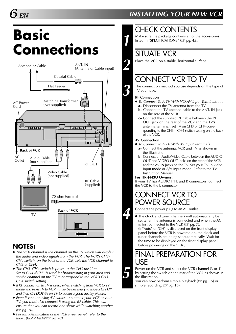 Basic connections, Check contents, Situate vcr | Connect vcr to tv, Connect vcr to power source, Final preparation for use, Installing your new vcr | JVC HR-J443U User Manual | Page 6 / 48