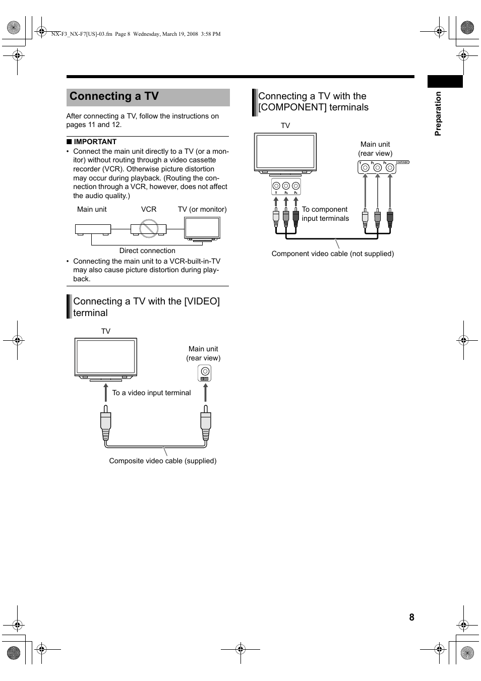 Connecting a tv, Connecting a tv with the [video] terminal, Connecting a tv with the [component] terminals | JVC CA-NXF7 User Manual | Page 11 / 76