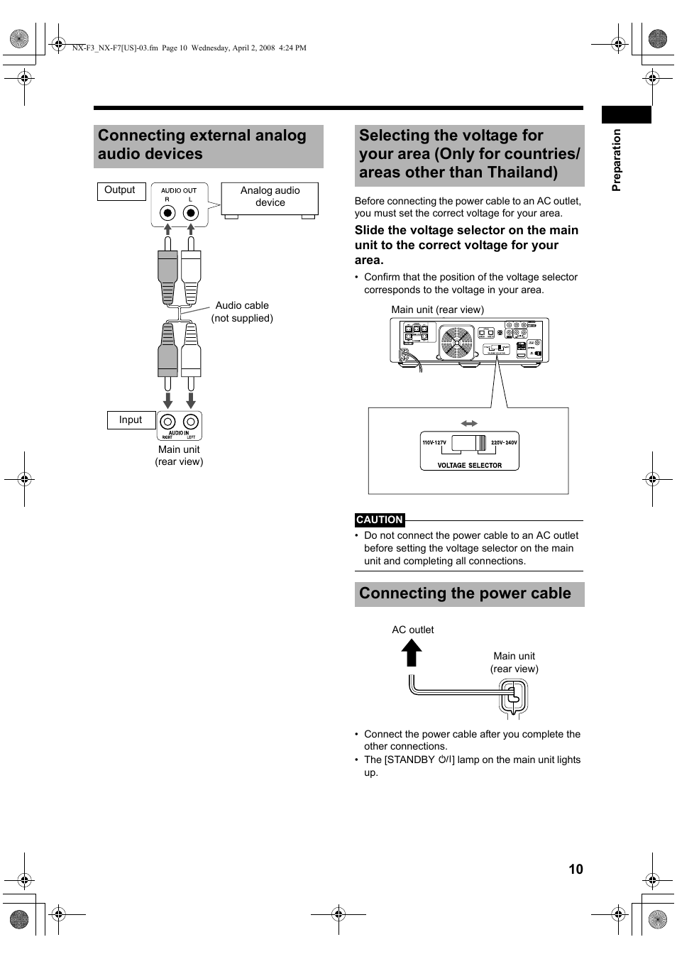 Connecting external analog audio devices, Connecting the power cable | JVC CA-NXF7 User Manual | Page 13 / 76