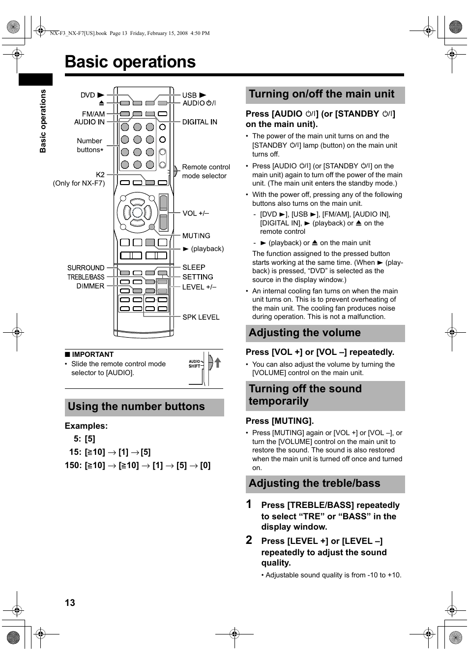 Basic operations, Using the number buttons, Turning on/off the main unit | Adjusting the volume, Turning off the sound temporarily, Adjusting the treble/bass | JVC CA-NXF7 User Manual | Page 16 / 76