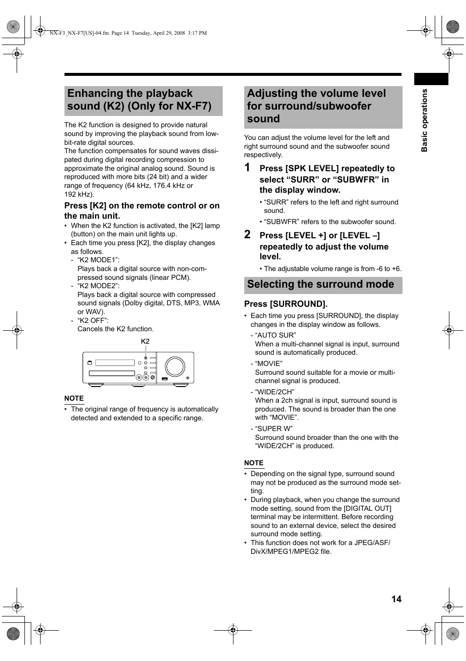 Enhancing the playback sound (k2) (only for nx-f7), Selecting the surround mode | JVC CA-NXF7 User Manual | Page 17 / 76