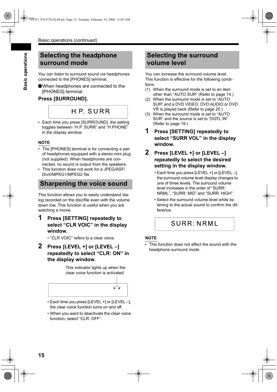 Selecting the headphone surround mode, Sharpening the voice sound, Selecting the surround volume level | JVC CA-NXF7 User Manual | Page 18 / 76