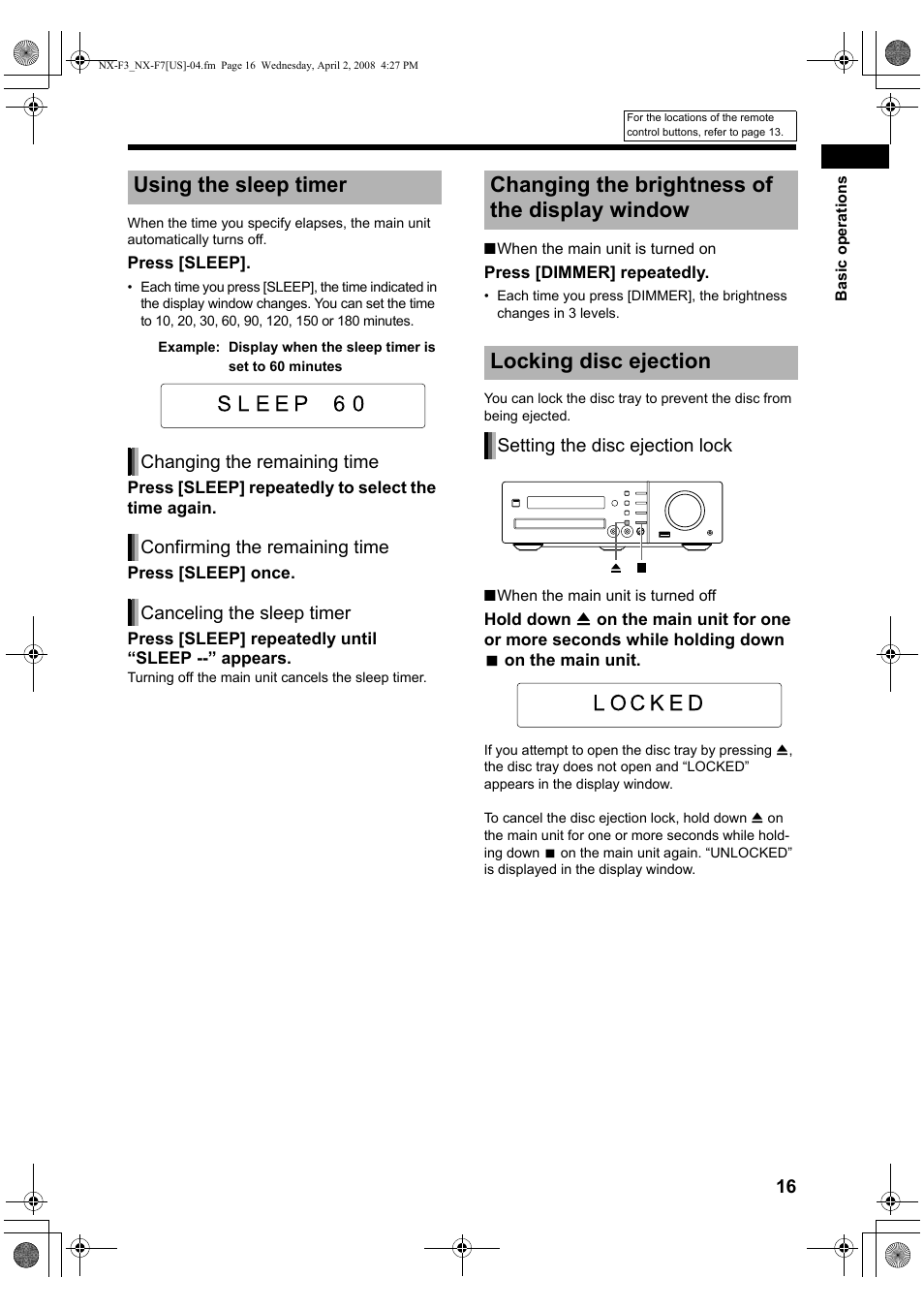 Using the sleep timer, Changing the brightness of the display window, Locking disc ejection | JVC CA-NXF7 User Manual | Page 19 / 76