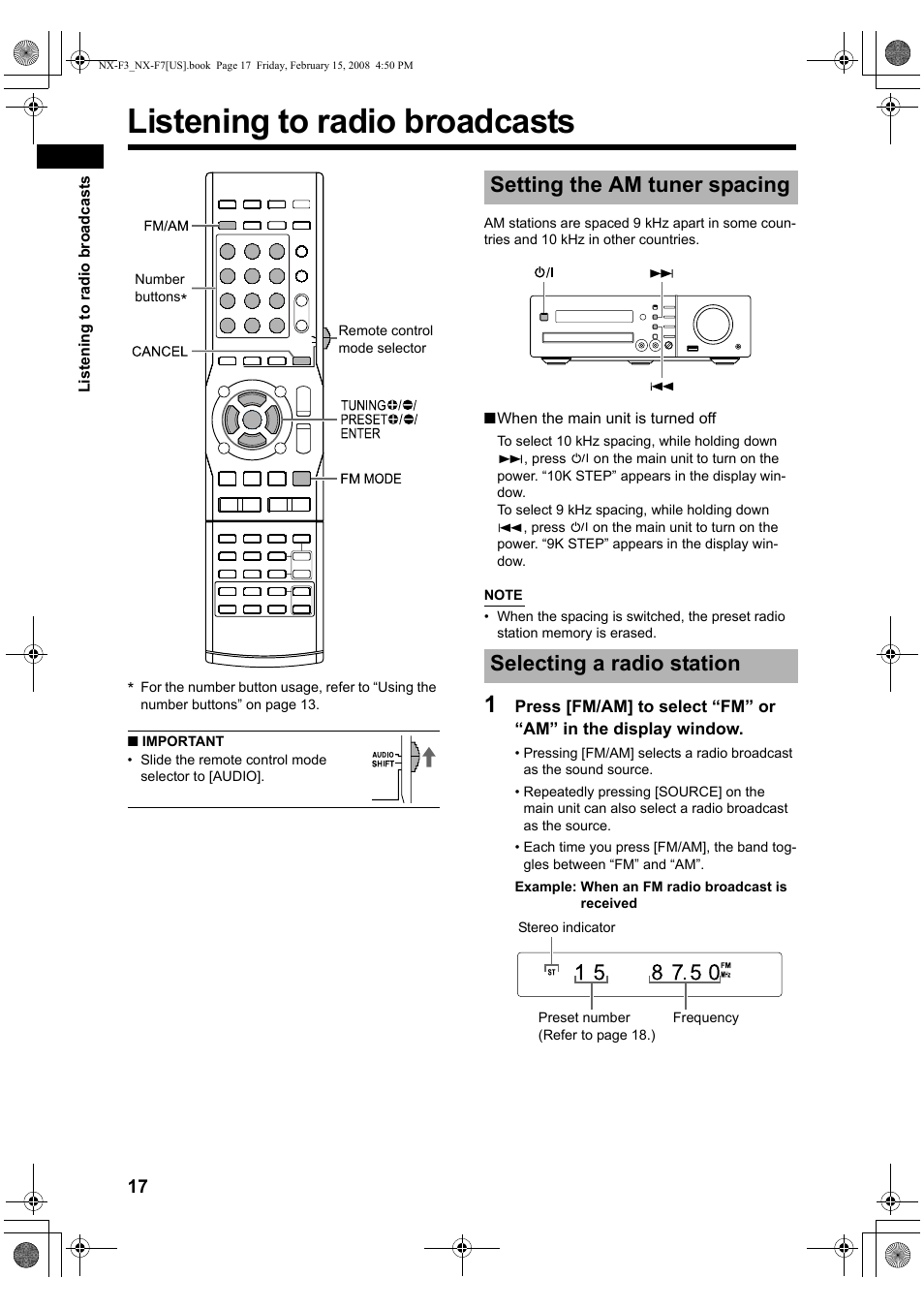 Listening to radio broadcasts, Setting the am tuner spacing, Selecting a radio station | JVC CA-NXF7 User Manual | Page 20 / 76