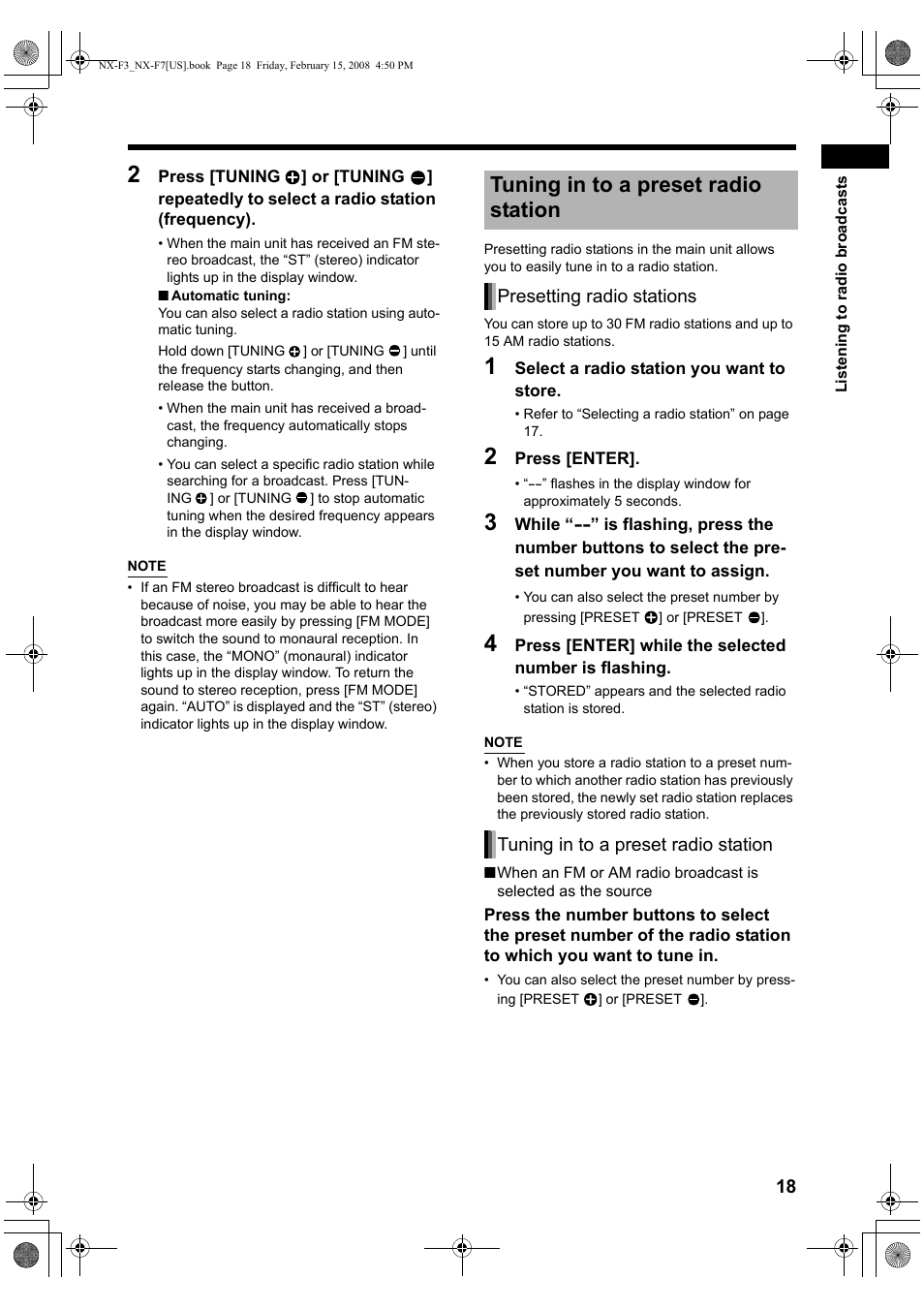 Tuning in to a preset radio station | JVC CA-NXF7 User Manual | Page 21 / 76