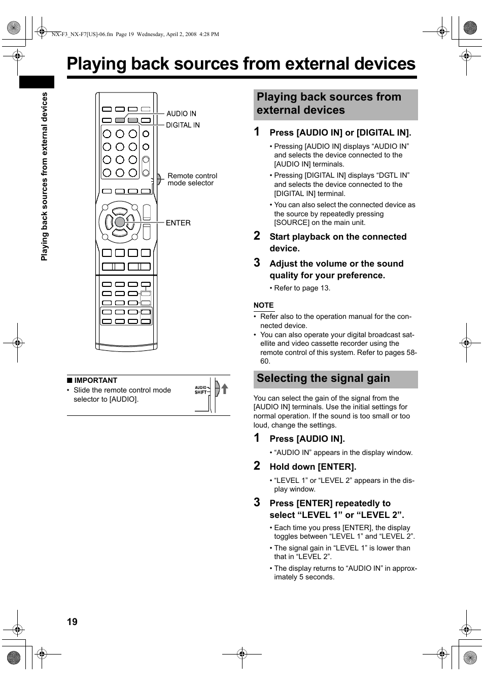 Playing back sources from external devices, Selecting the signal gain | JVC CA-NXF7 User Manual | Page 22 / 76
