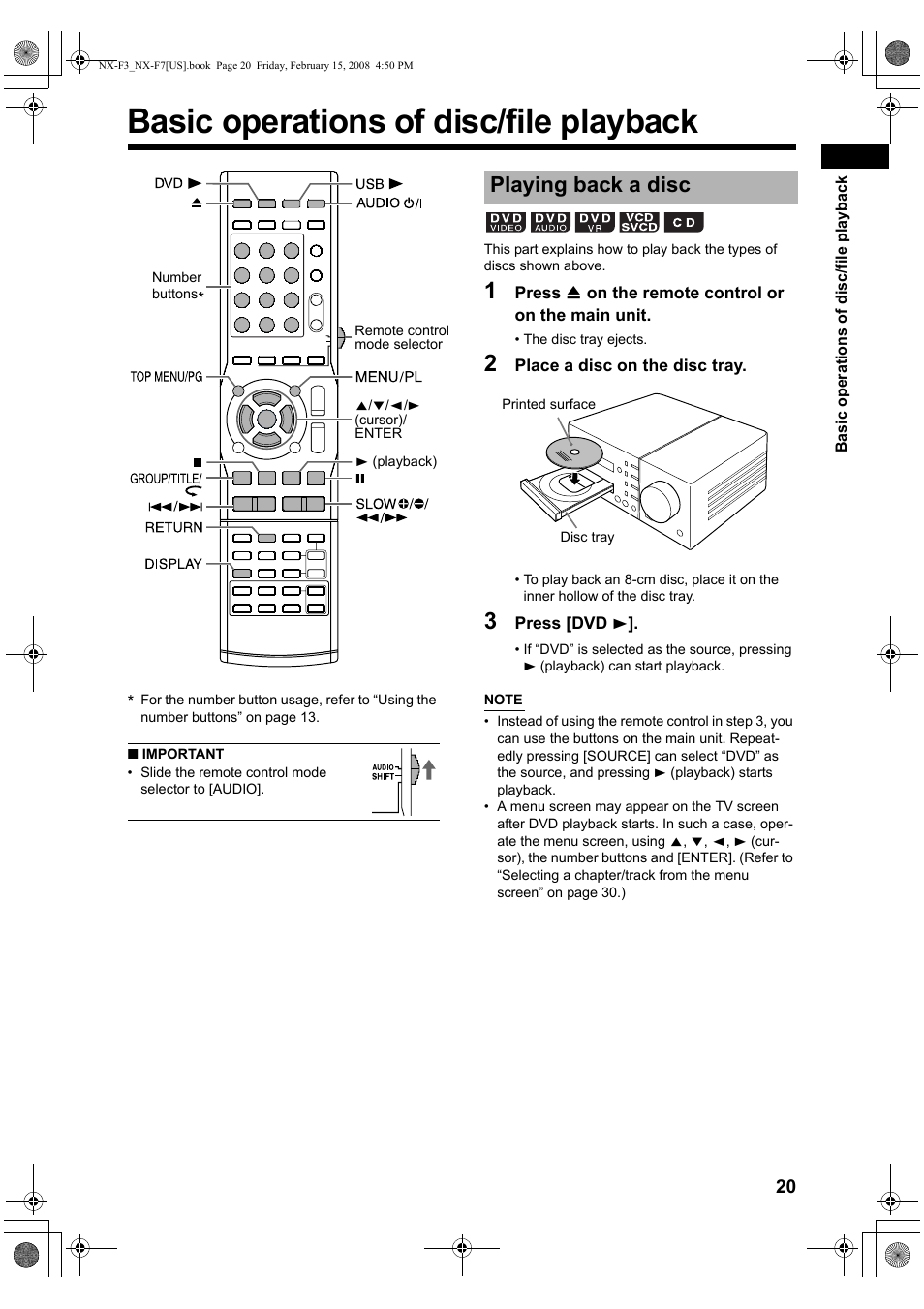 Basic operations of disc/file playback, Playing back a disc | JVC CA-NXF7 User Manual | Page 23 / 76