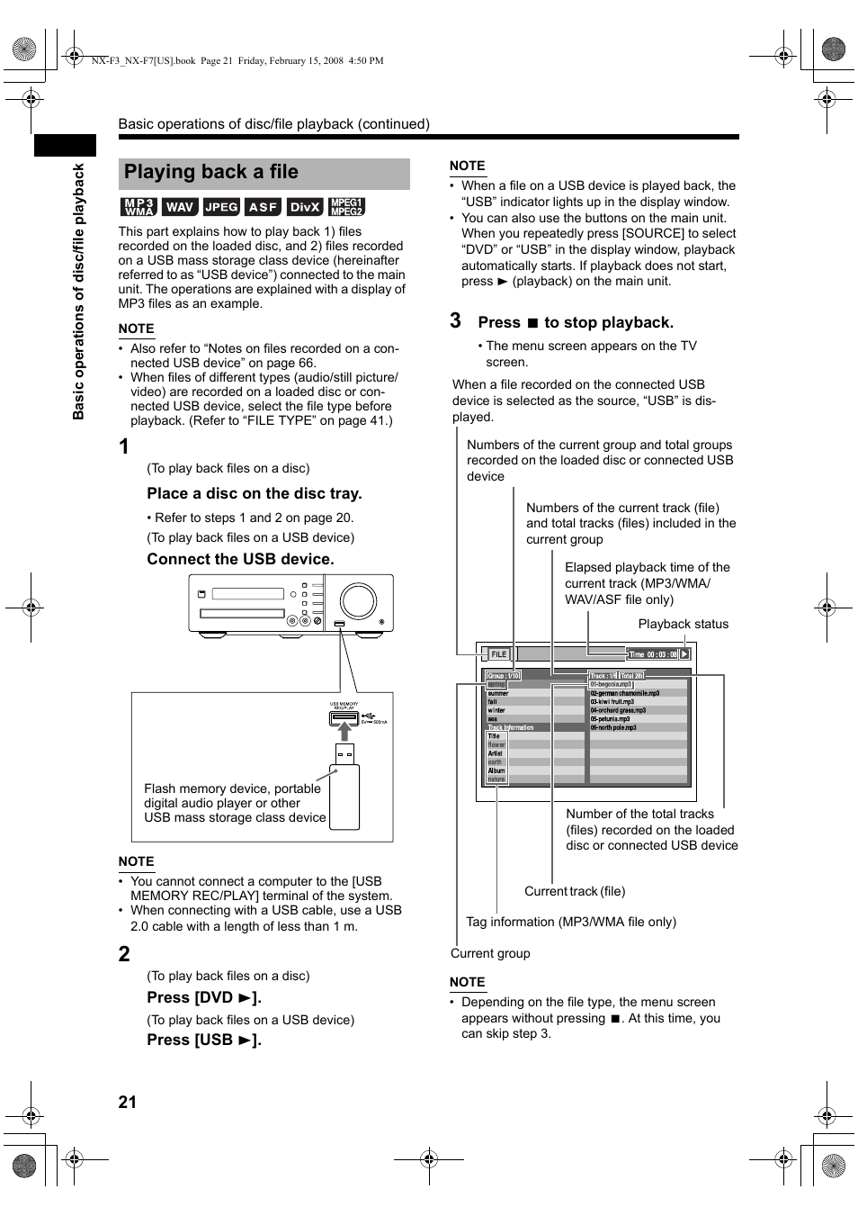 Playing back a file | JVC CA-NXF7 User Manual | Page 24 / 76