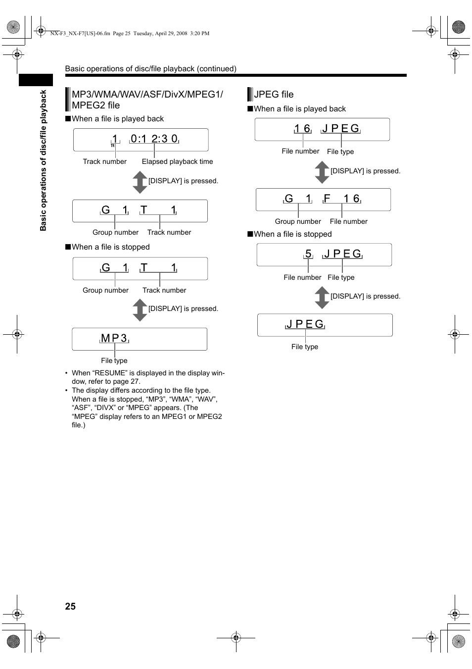 Mp3/wma/wav/asf/divx/mpeg1/ mpeg2 file, Jpeg file | JVC CA-NXF7 User Manual | Page 28 / 76