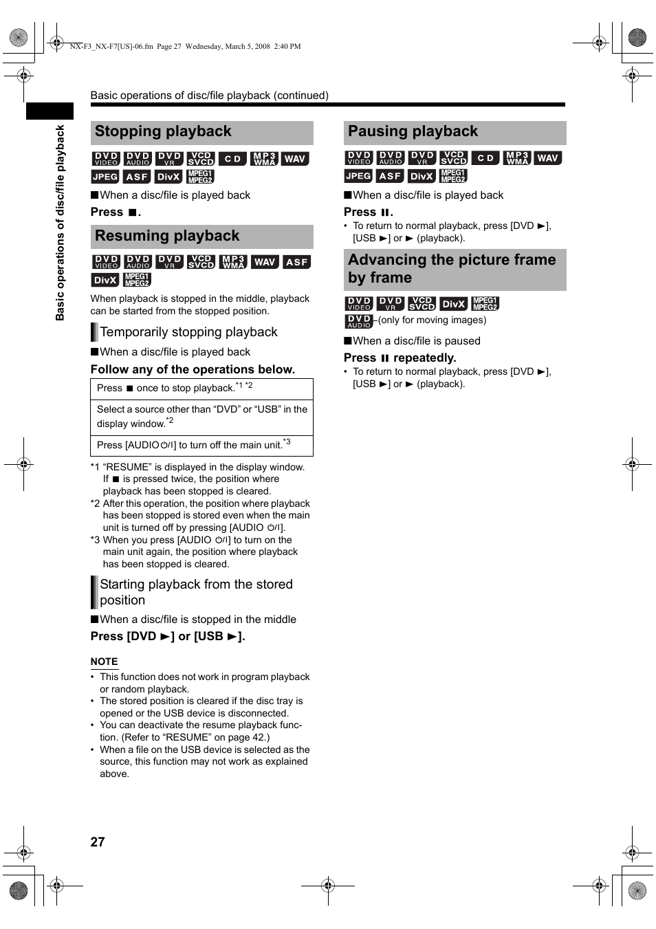 Stopping playback, Resuming playback, Pausing playback | Advancing the picture frame by frame, Stopping playback resuming playback | JVC CA-NXF7 User Manual | Page 30 / 76