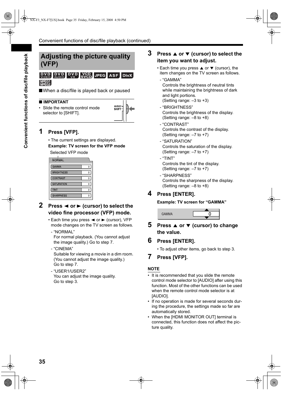 Adjusting the picture quality (vfp) | JVC CA-NXF7 User Manual | Page 38 / 76