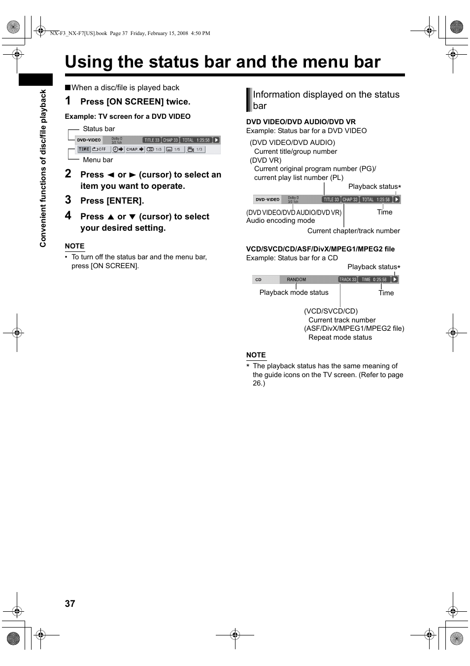 Using the status bar and the menu bar | JVC CA-NXF7 User Manual | Page 40 / 76