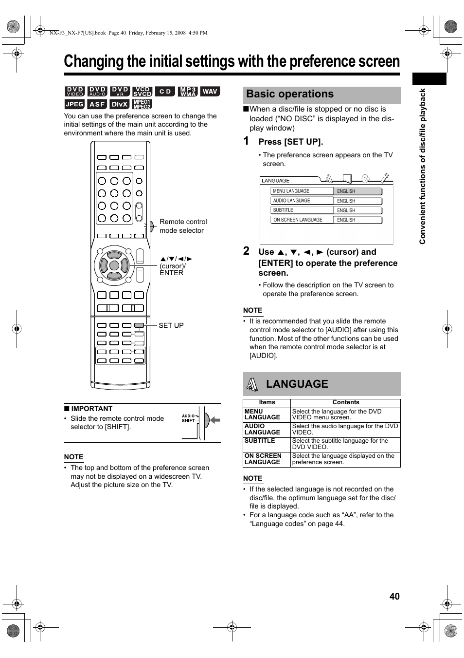 Basic operations, Language, Basic operations language | JVC CA-NXF7 User Manual | Page 43 / 76