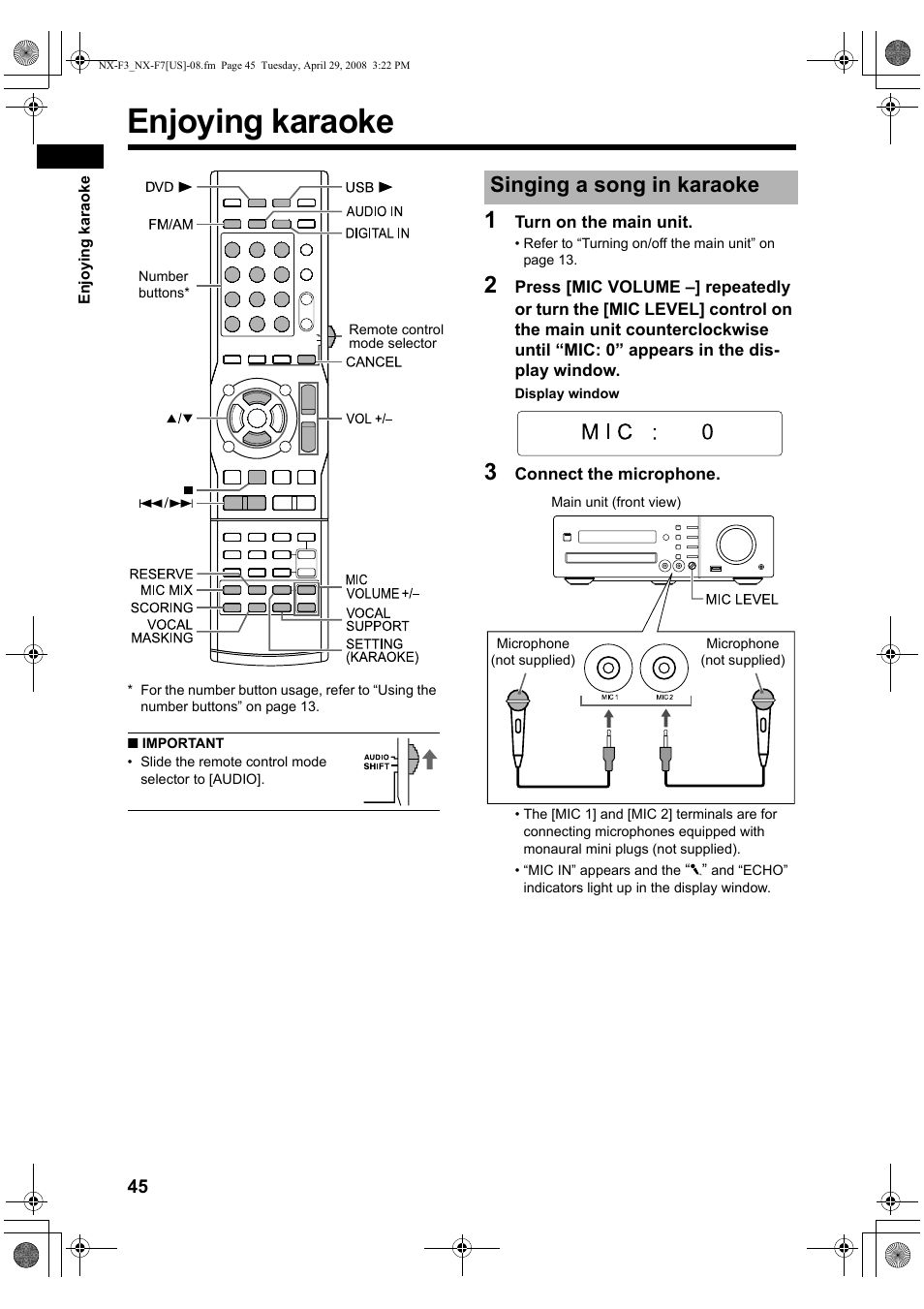 Enjoying karaoke, Singing a song in karaoke | JVC CA-NXF7 User Manual | Page 48 / 76