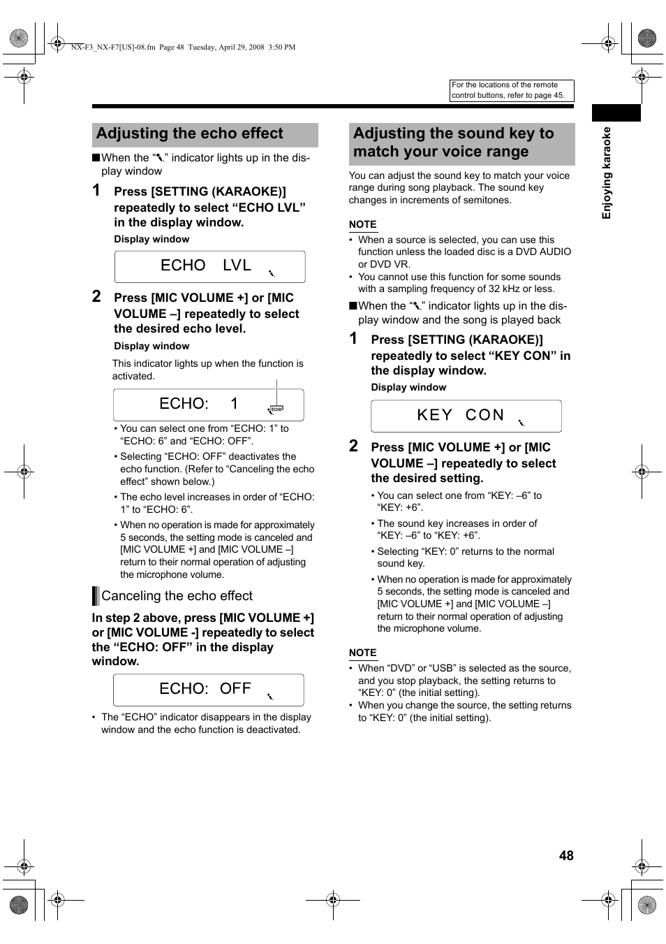 Adjusting the echo effect, Adjusting the sound key to match your voice range, Canceling the echo effect | JVC CA-NXF7 User Manual | Page 51 / 76