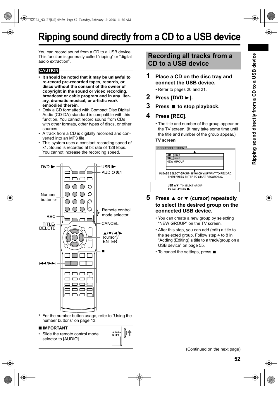 Ripping sound directly from a cd to a usb device, Recording all tracks from a cd to a usb device | JVC CA-NXF7 User Manual | Page 55 / 76