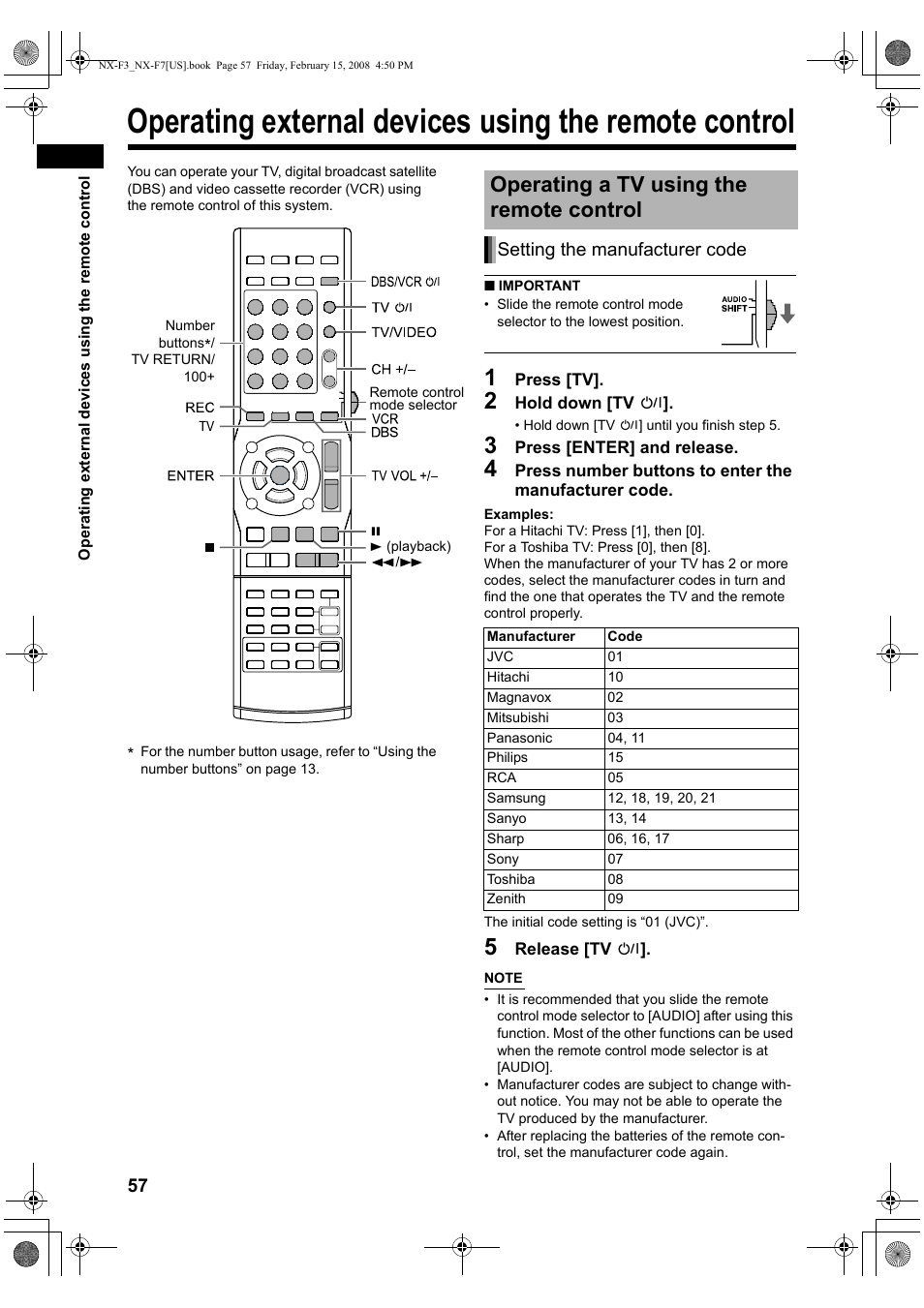 Operating a tv using the remote control, Setting the manufacturer code | JVC CA-NXF7 User Manual | Page 60 / 76