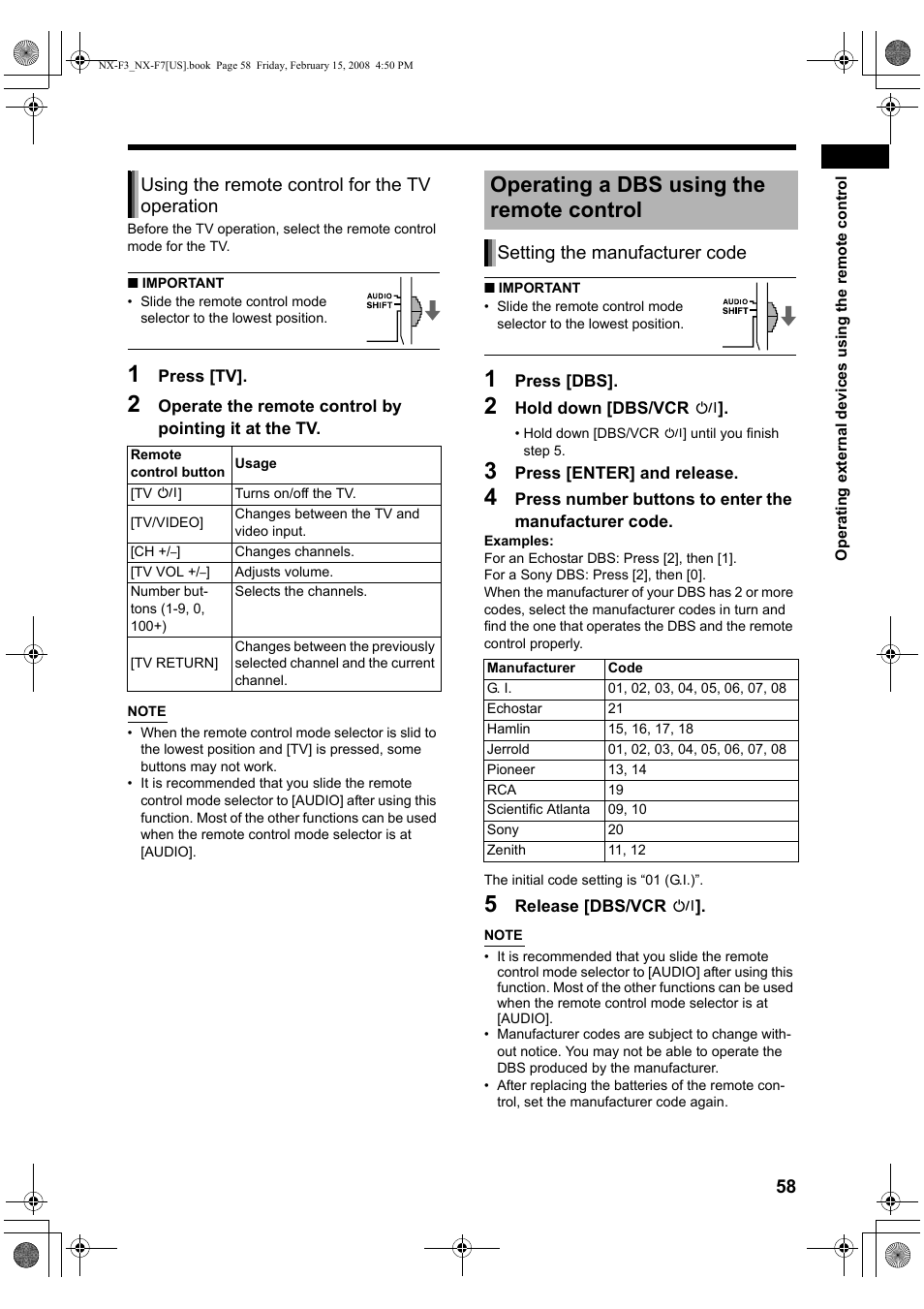 Operating a dbs using the remote control, Using the remote control for the tv operation, Setting the manufacturer code | JVC CA-NXF7 User Manual | Page 61 / 76