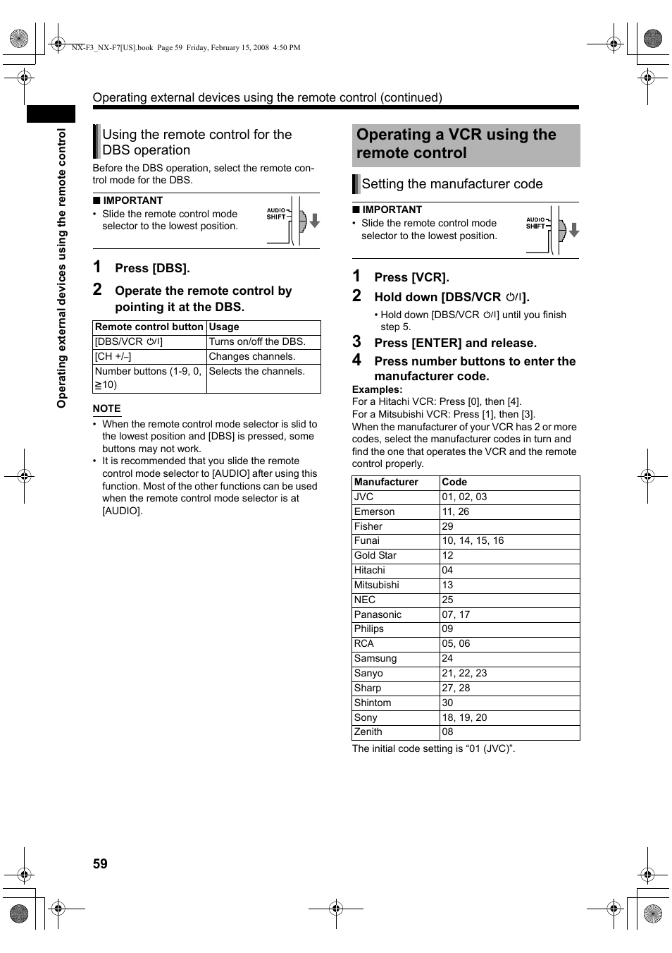 Operating a vcr using the remote control, Using the remote control for the dbs operation, Setting the manufacturer code | JVC CA-NXF7 User Manual | Page 62 / 76