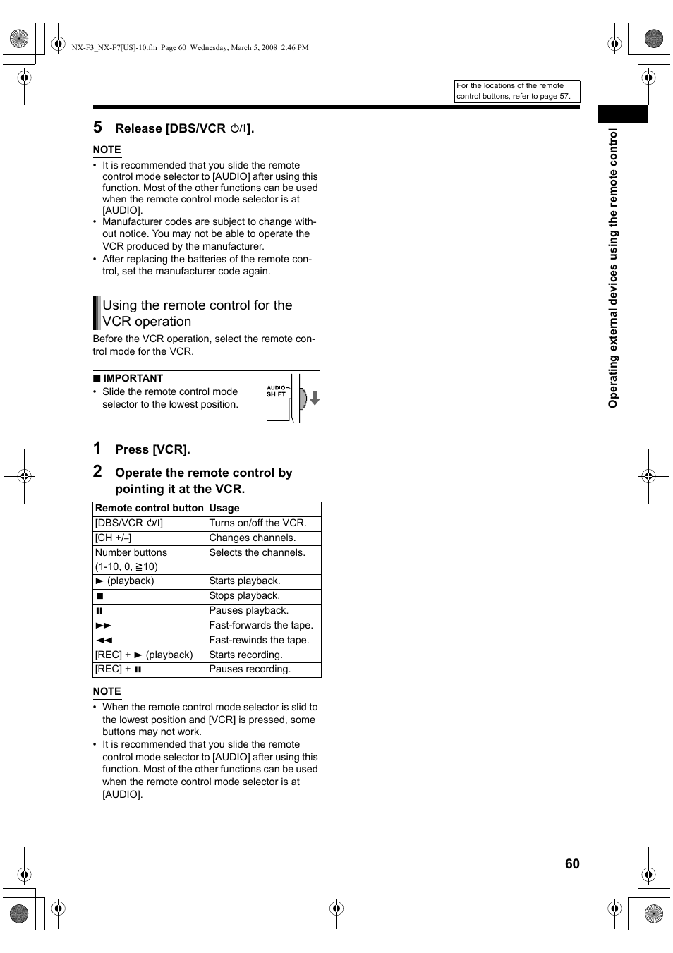 Using the remote control for the vcr operation | JVC CA-NXF7 User Manual | Page 63 / 76