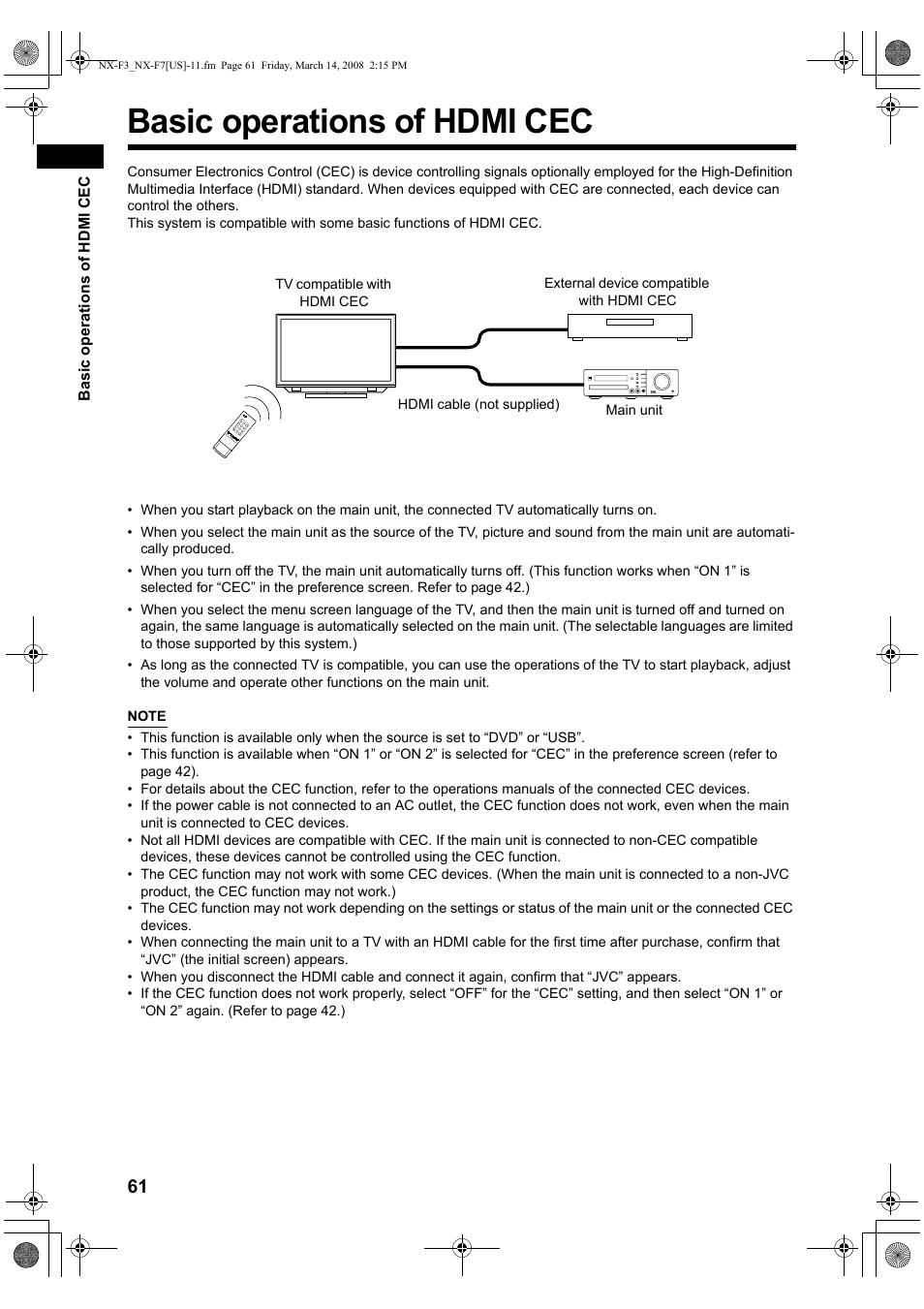 Basic operations of hdmi cec | JVC CA-NXF7 User Manual | Page 64 / 76