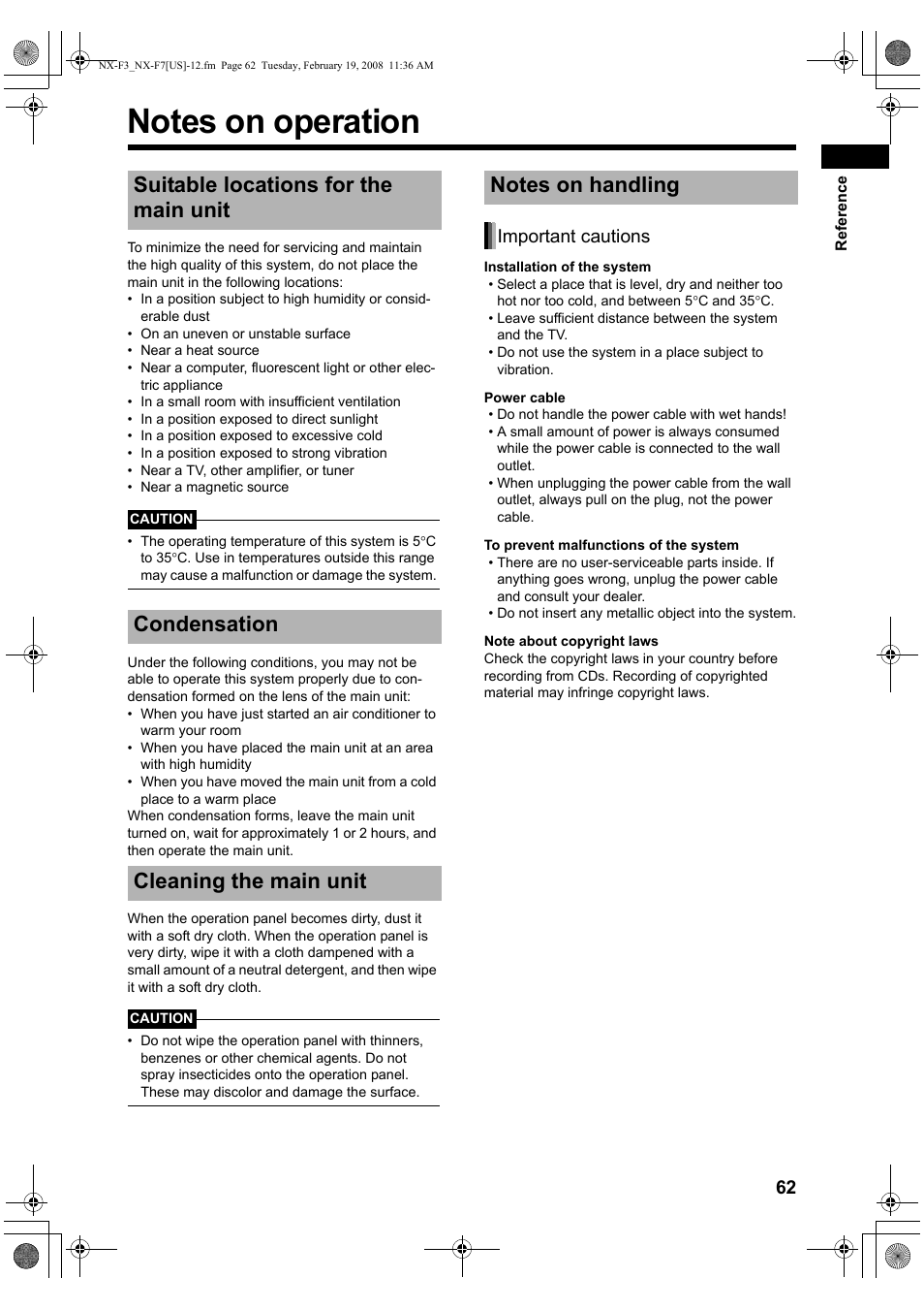 Reference, Notes on operation, Suitable locations for the main unit | Condensation, Cleaning the main unit, Notes on handling, Important cautions | JVC CA-NXF7 User Manual | Page 65 / 76