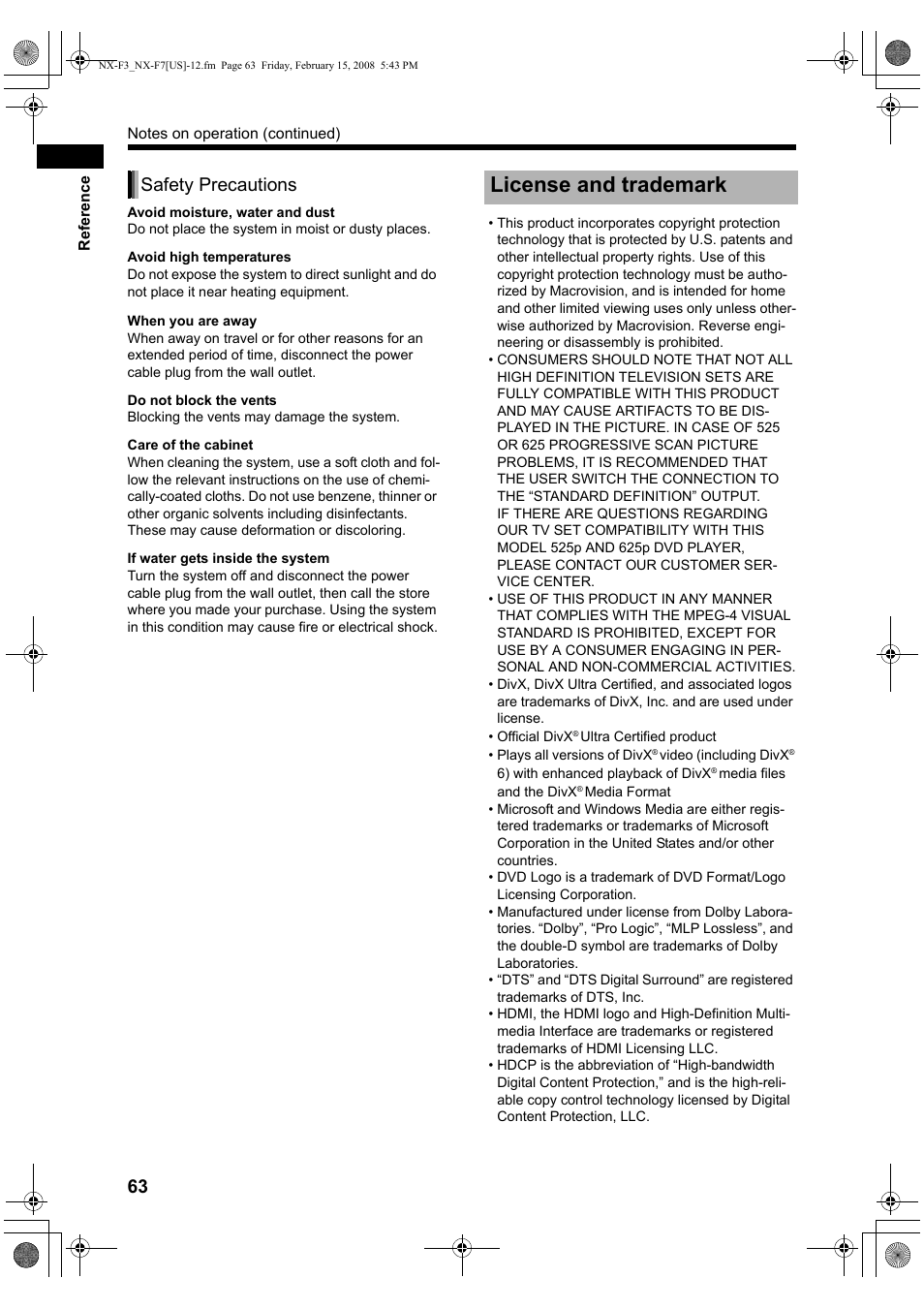 License and trademark, Safety precautions | JVC CA-NXF7 User Manual | Page 66 / 76