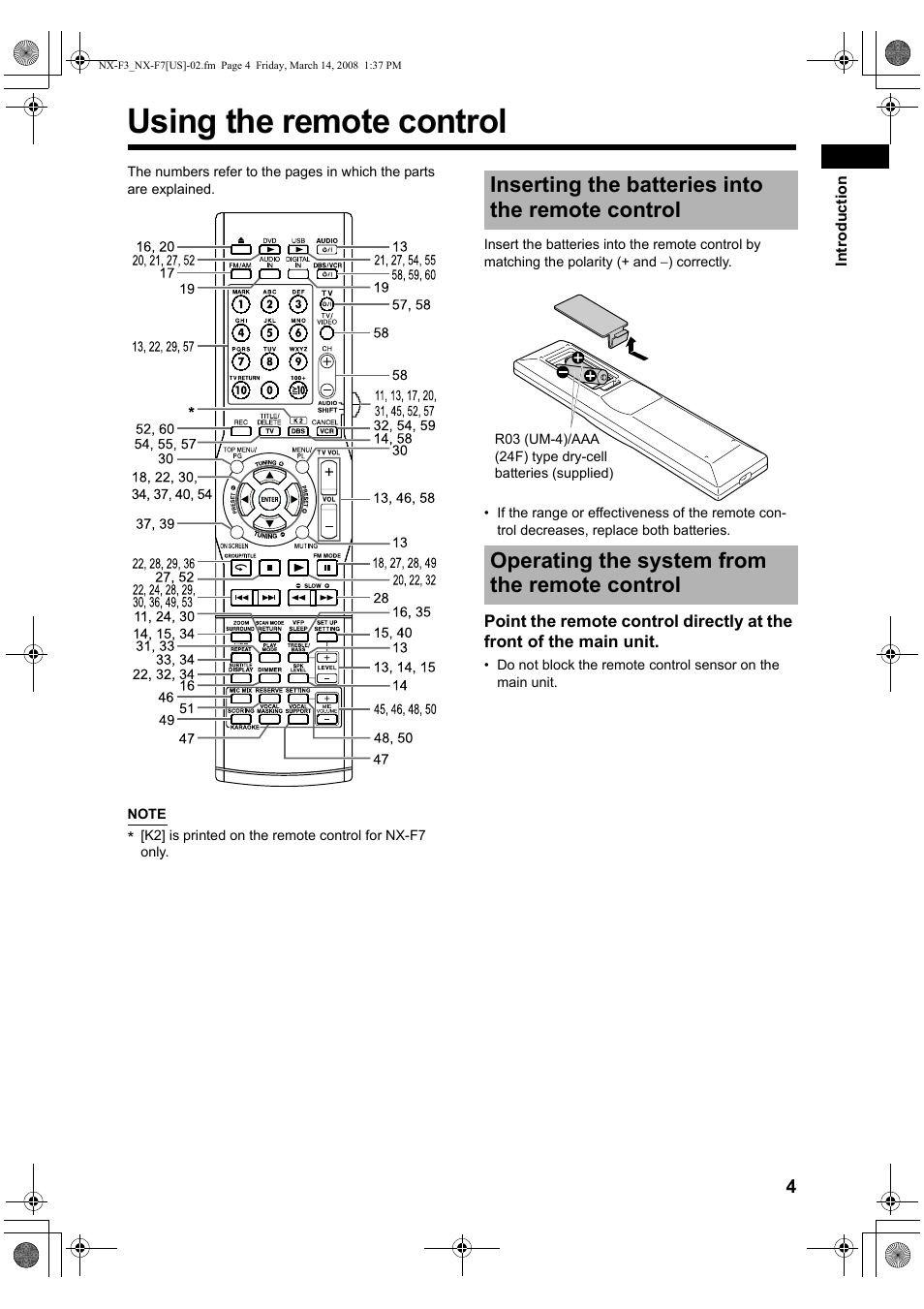 Using the remote control, Inserting the batteries into the remote control, Operating the system from the remote control | JVC CA-NXF7 User Manual | Page 7 / 76
