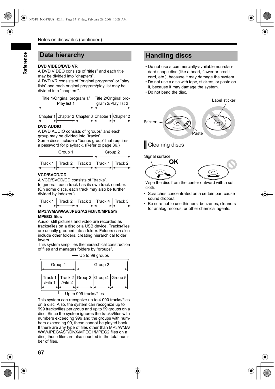 Data hierarchy, Handling discs, Cleaning discs | JVC CA-NXF7 User Manual | Page 70 / 76