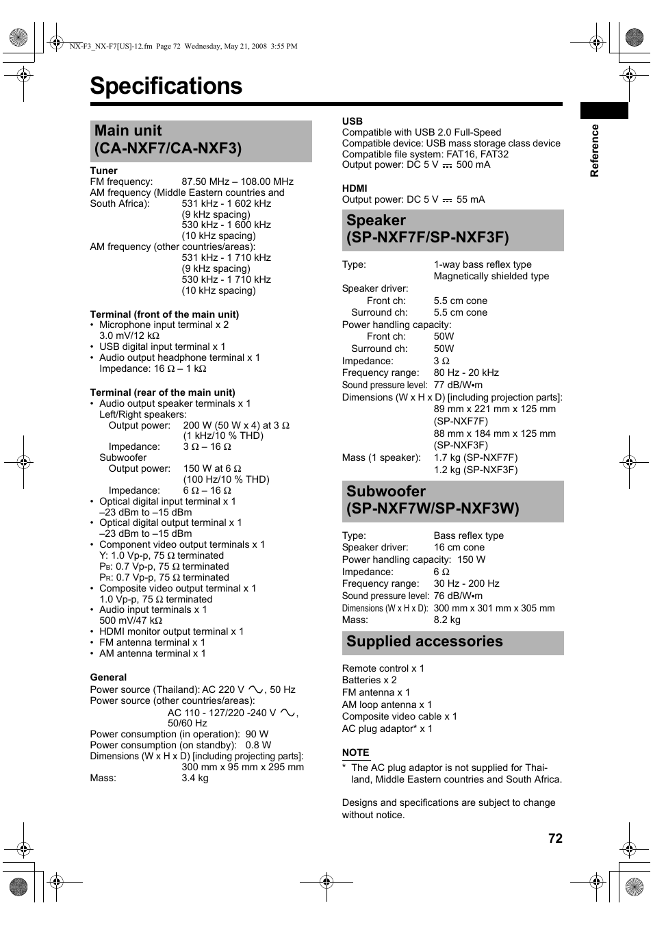 Specifications, Main unit (ca-nxf7/ca-nxf3), Speaker (sp-nxf7f/sp-nxf3f) | Subwoofer (sp-nxf7w/sp-nxf3w), Supplied accessories | JVC CA-NXF7 User Manual | Page 75 / 76