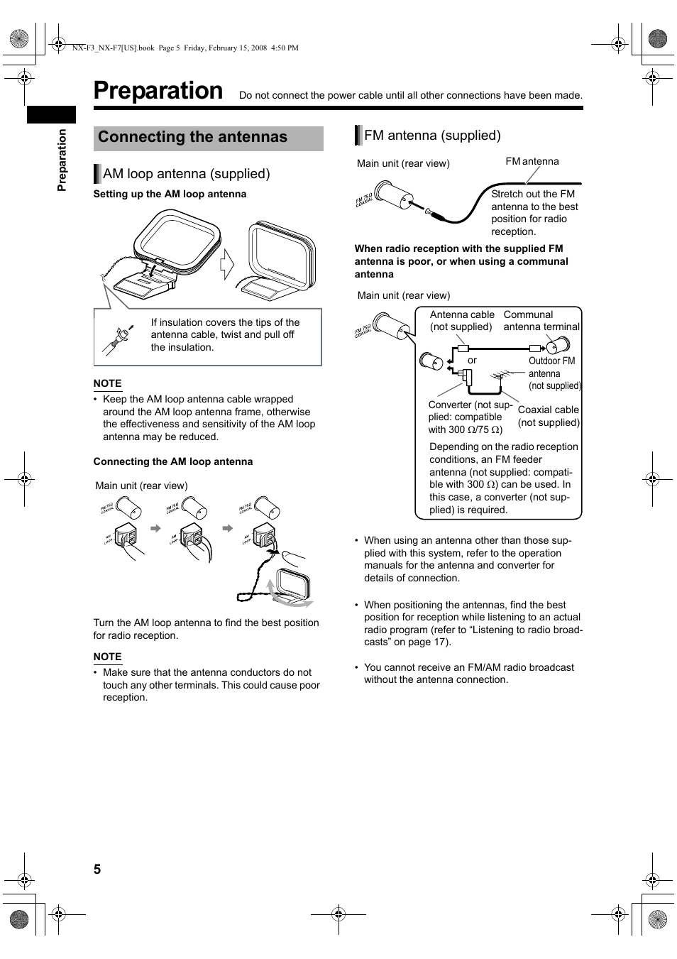 Preparation, Connecting the antennas, Am loop antenna (supplied) | Fm antenna (supplied) | JVC CA-NXF7 User Manual | Page 8 / 76