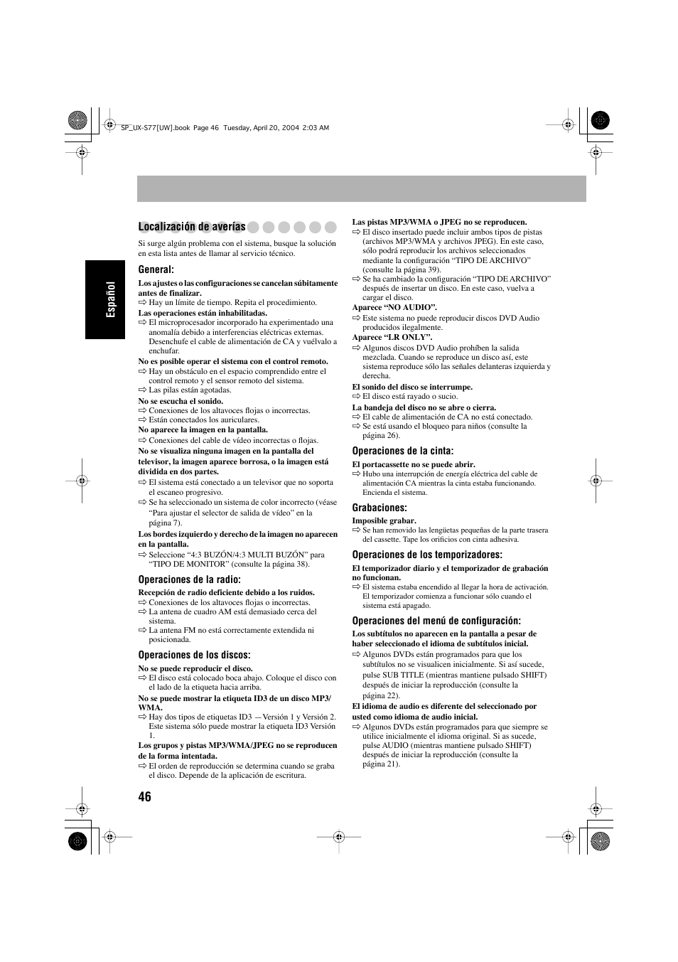 Español localización de averías | JVC UX-S77 User Manual | Page 100 / 155