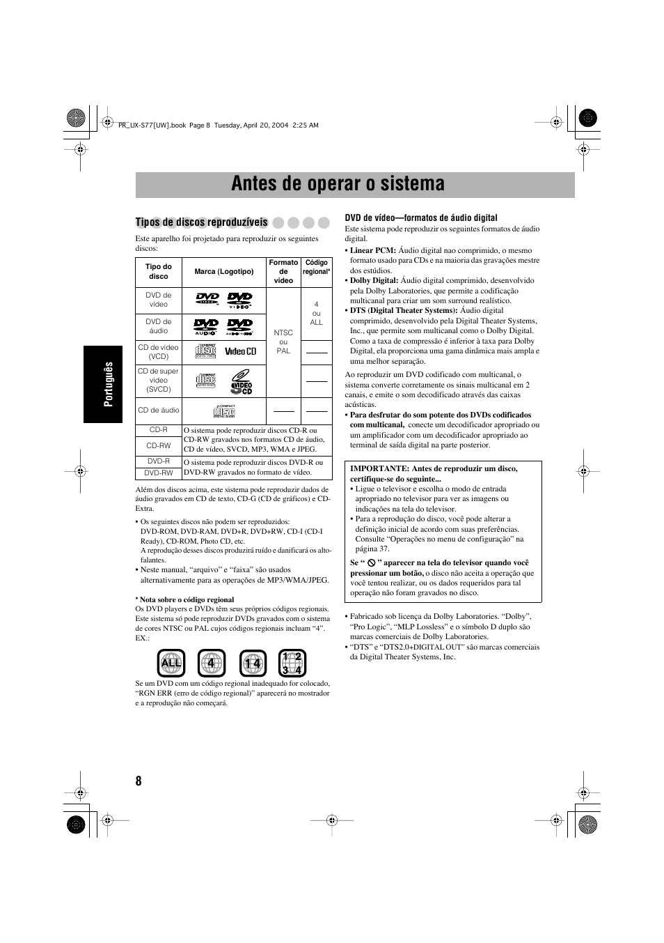 Antes de operar o sistema, Português, Tipos de discos reproduzíveis | JVC UX-S77 User Manual | Page 112 / 155